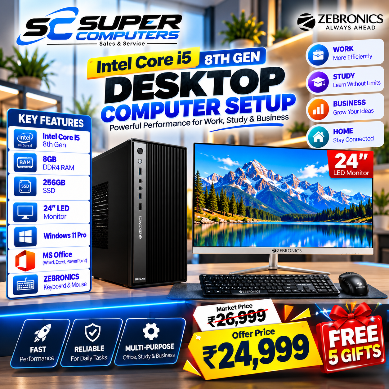NEW I5 8TH COMPUTER SETUP | 24" BEZEL LESS 100HZ MONITOR | 3 YEAR WARRANTY
