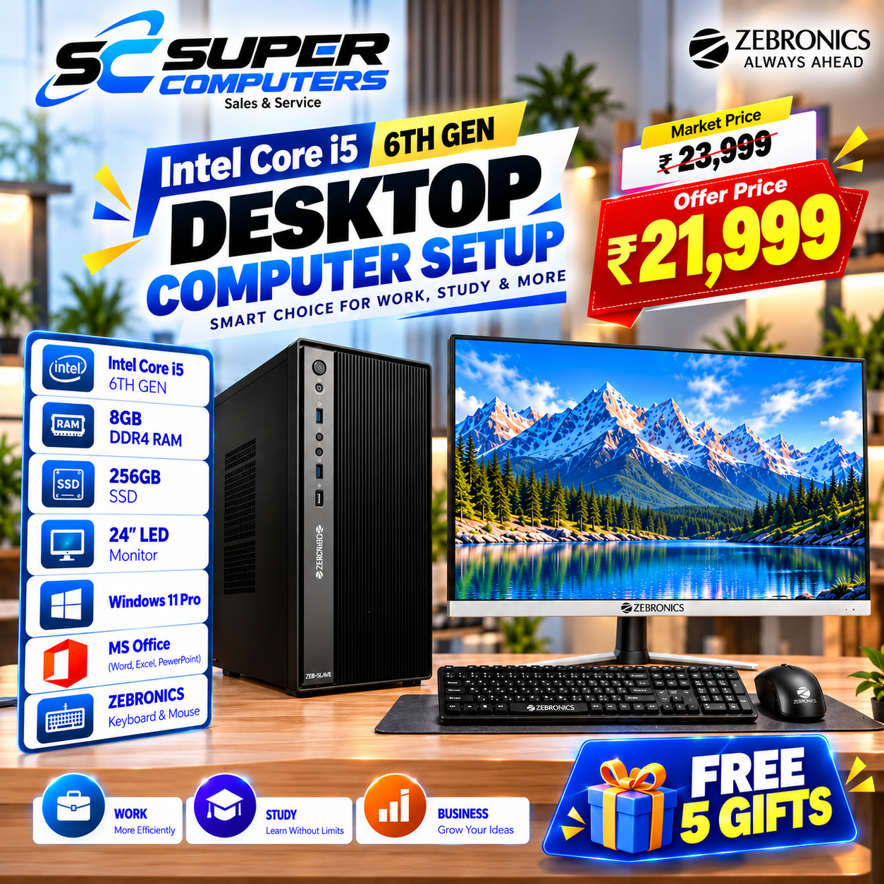 NEW I5 6TH COMPUTER SETUP | 24" BEZEL LESS 100HZ MONITOR | 3 YEAR WARRANTY