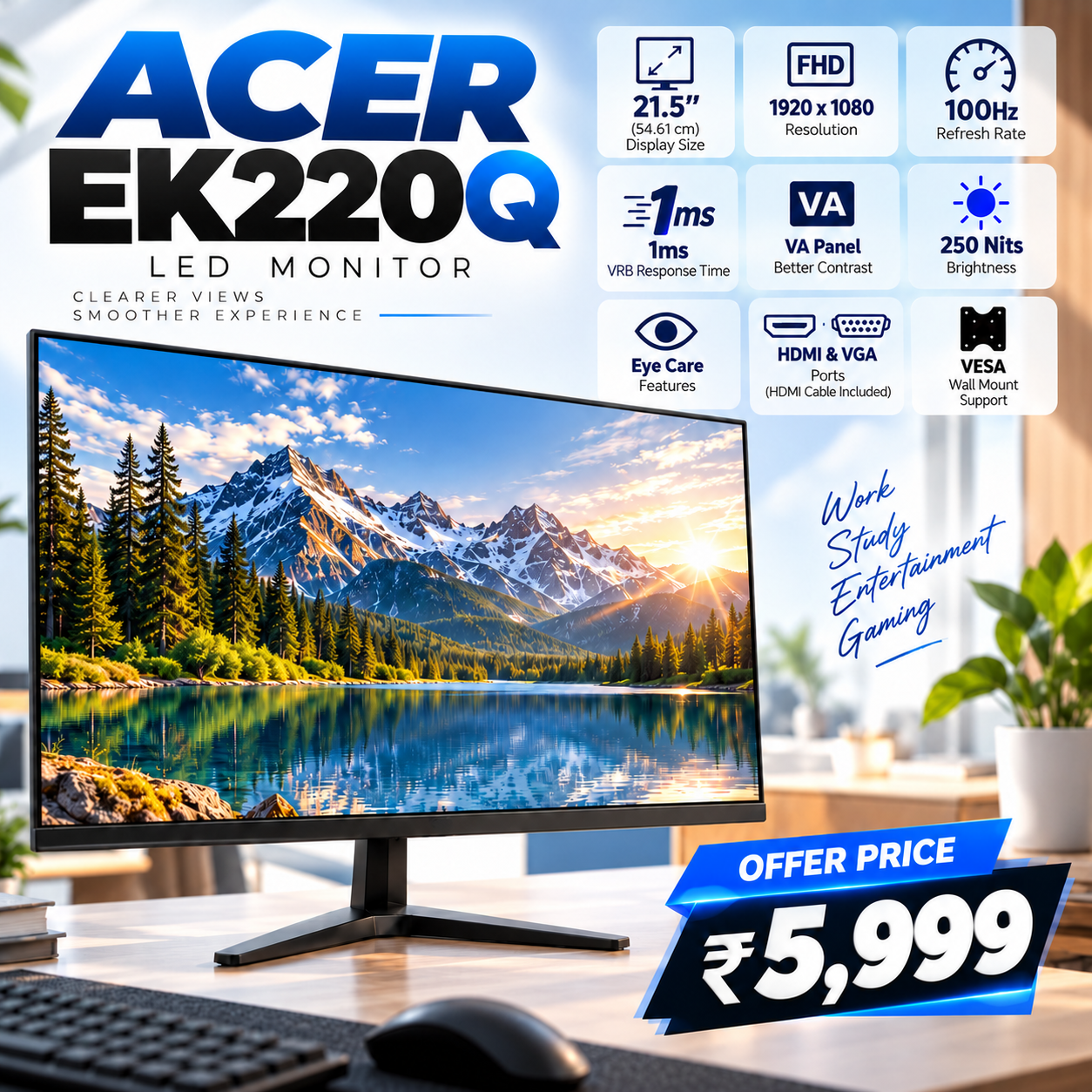 Acer EK220Q 21.5 Inch (54.61 cm) Full HD (1920x1080) Pixels LCD Monitor