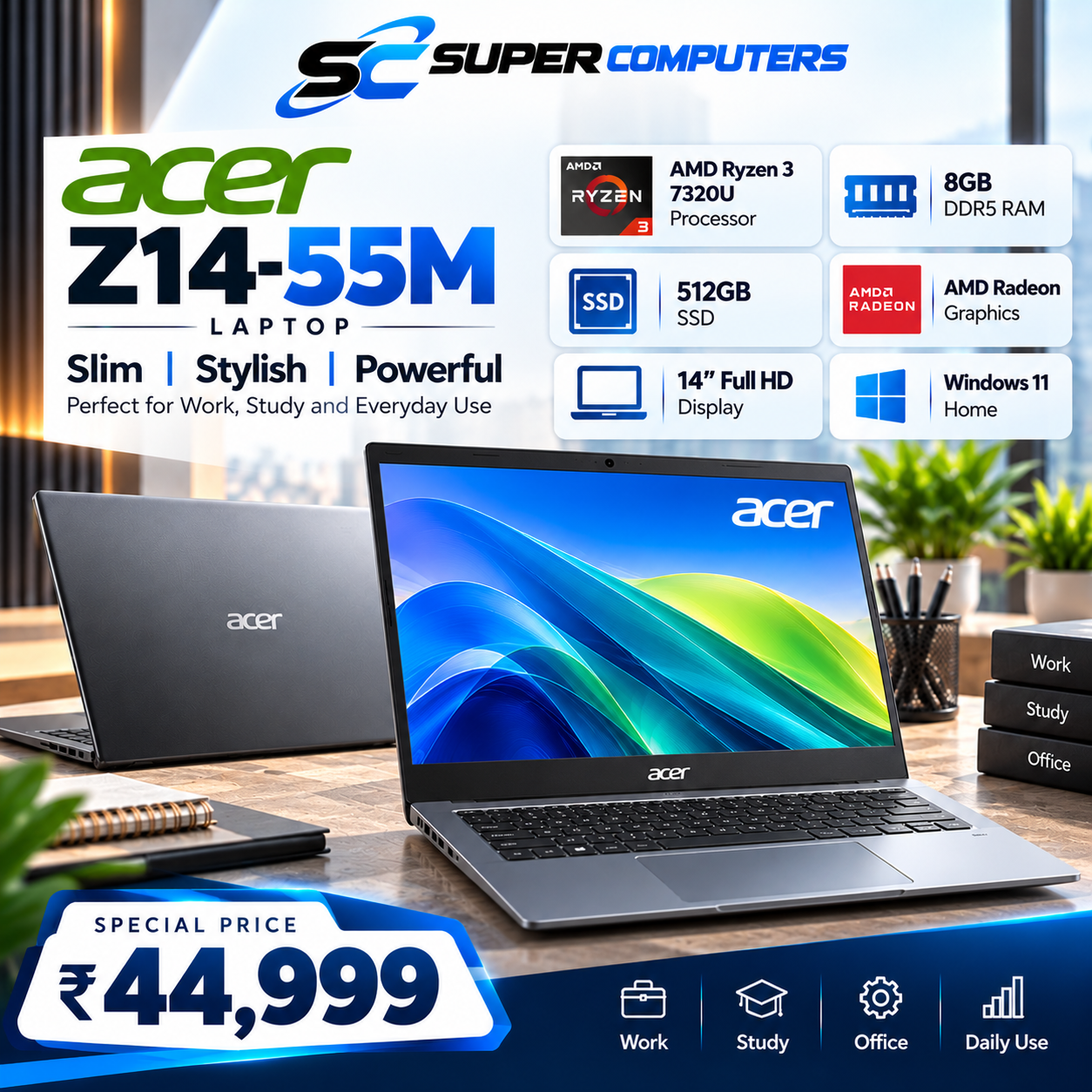 ACER ASPIRE ONE Z14-55M, AMD RYZEN 3 7320U | Premium Thin and Light Laptop
