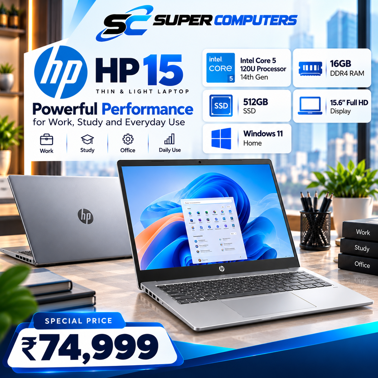 HP 15 (i5 14th Gen) Intel Core 5 120U - (16 GB/512 GB SSD/Windows 11 Home) FD0682TU Thin and Light Laptop