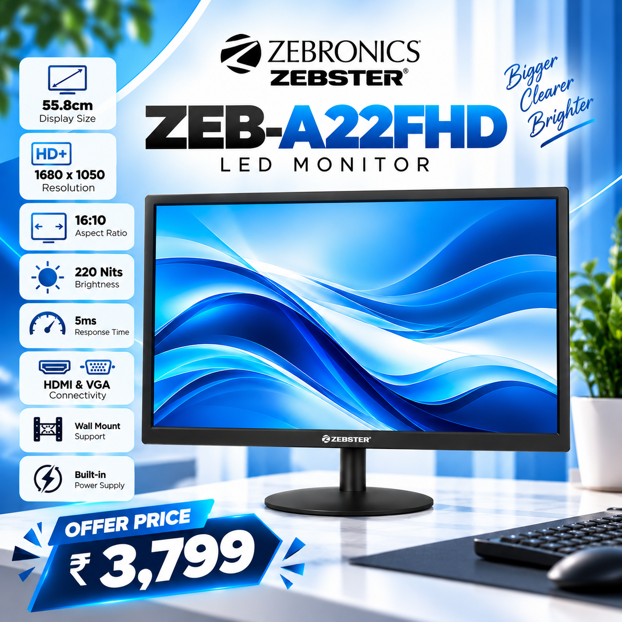 ZEBSTER A22FHD LED (21.5 INCH) (54.61 CM) LED 1920X1080 PIXELS FHD RESOLUTION MONITOR