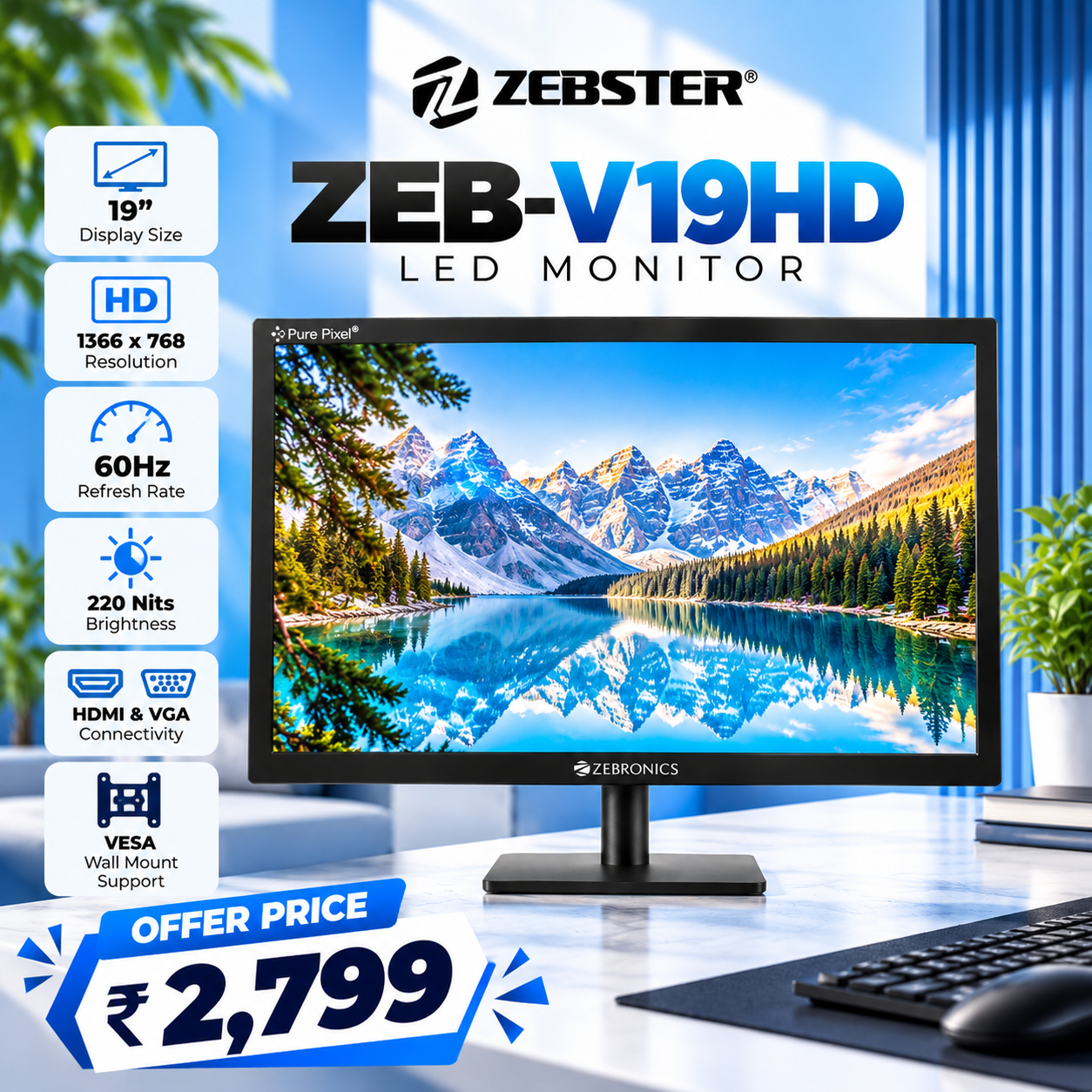 ZEBSTER ZEB-V19HD(48.2cm) LED 48.26 cm (19 inch) HD LED Monitor
